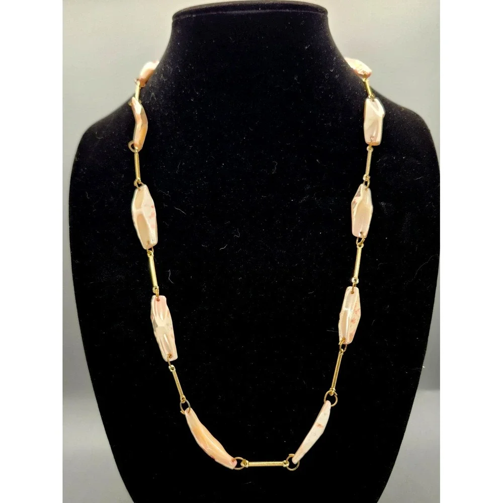 Vintage Mother Of Pearl Necklace Free Form Bead Chunks Gold Tone Chain